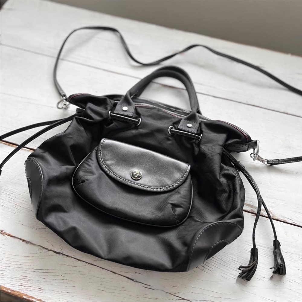 LANCEL "Miss Lancel" Black Leather /Nylon Handbag Hobo Purse Bucket Bag Paris - Picture 2 of 16